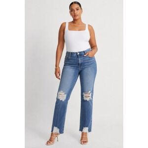 Good American Good Classic Slim Straight Jeans Distressed‎ Raw Hem 16 NEW